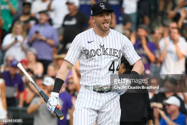 Trevor Story of the Colorado Rockies reacts during the 2021 T-Mobile Home Run Derby at Coors Field on July 12, 2021 in Denver, Colorado.