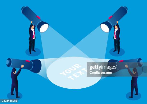 isometric four businessmen holding flashlights to explore together and discover, business concept illustration - torch light stock illustrations