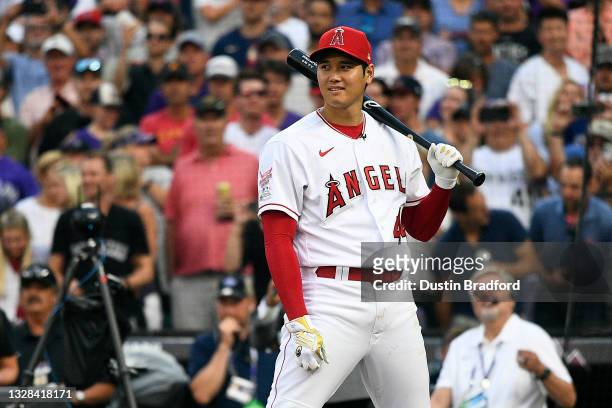 Shohei Ohtani of the Los Angeles Angels bats during the 2021 T-Mobile Home Run Derby at Coors Field on July 12, 2021 in Denver, Colorado.