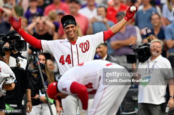 Juan Soto of the Washington Nationals reacts after Shohei Ohtani of the Los Angeles Angels bat during the 2021 T-Mobile Home Run Derby at Coors Field...