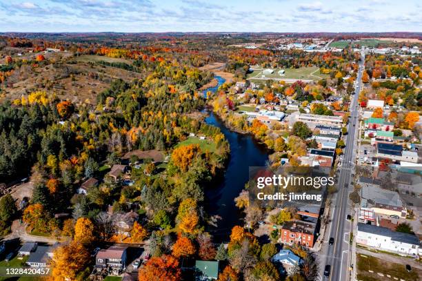 aerial downtown of erin in wellington county, ontario, canada - ontario canada stock pictures, royalty-free photos & images