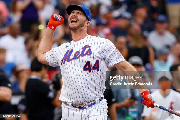 Pete Alonso of the New York Mets reacts during the 2021 T-Mobile Home Run Derby at Coors Field on July 12, 2021 in Denver, Colorado.
