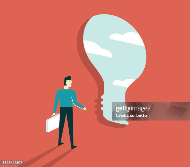 light bulb idea - businessman - man opening window stock illustrations
