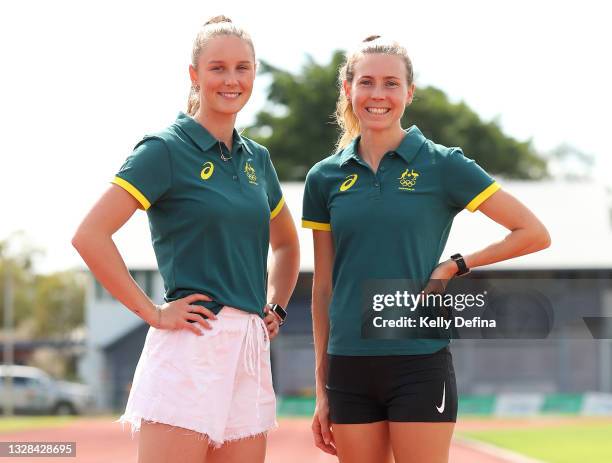 Riley Day and Linden Hall pose for a portrait during an Athletics Australia training camp at Barlwo Park on July 13, 2021 in Cairns, Australia.