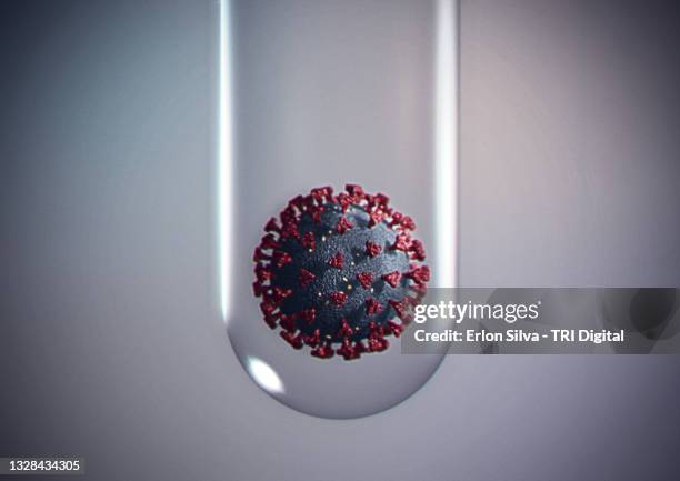 conceptual image of coronavirus inside a test tube for vaccine research - covid 19 fotografías e imágenes de stock