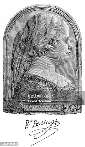 a portrait of queen beatrix of aragon, the second wife of king matthias. - queen of hungary stock illustrations