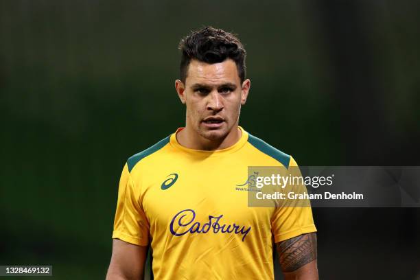 Matt Toomua of the Wallabies looks on prior to the International Test match between the Australian Wallabies and France at AAMI Park on July 13, 2021...