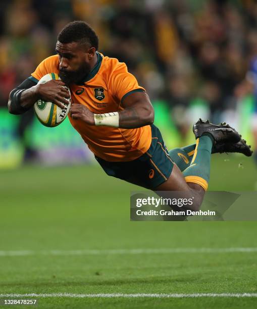 Marika Koroibete of the Wallabies scores a try which was later disallowed during the International Test match between the Australian Wallabies and...