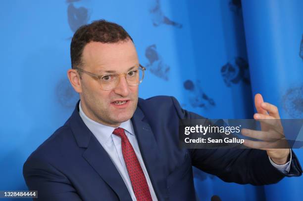 Federal Health Minister Jens Spahn speaks to the media during a visit by German Chancellor Angela Merkel to the institute on July 13, 2021 in Berlin,...