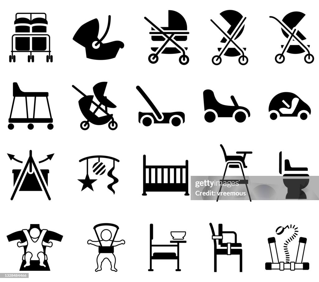 Babyprodukte Icons. Kinderwagen, Kinderwagen, Gurte, Rollatoren und Sitze.