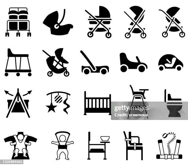 baby products icons. prams, strollers, harnesses, walkers and seats. - carriage stock illustrations