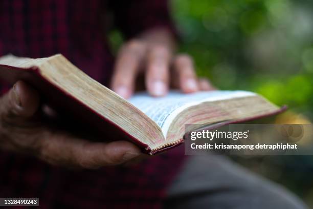 old man reading the holy bible,bible - open bible stock pictures, royalty-free photos & images