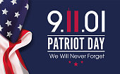 National Day of Prayer and Remembrance for the Victims of the Terrorist Attacks on 09.11.2001. Vector banner design template with realistic american flag and text on dark blue background for Patriot Day.