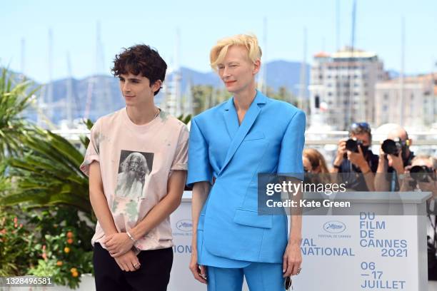 Timothée Chalamet and Tilda Swinton attend the "The French Dispatch" photocall during the 74th annual Cannes Film Festival on July 13, 2021 in...