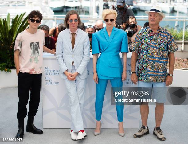 Timothee Chalamet, Wes Anderson, Tilda Swinton and Bill Murray attend the "The French Dispatch" photocall during the 74th annual Cannes Film Festival...