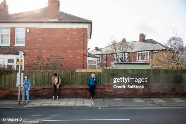 social distance bus top - bus stop uk stock pictures, royalty-free photos & images