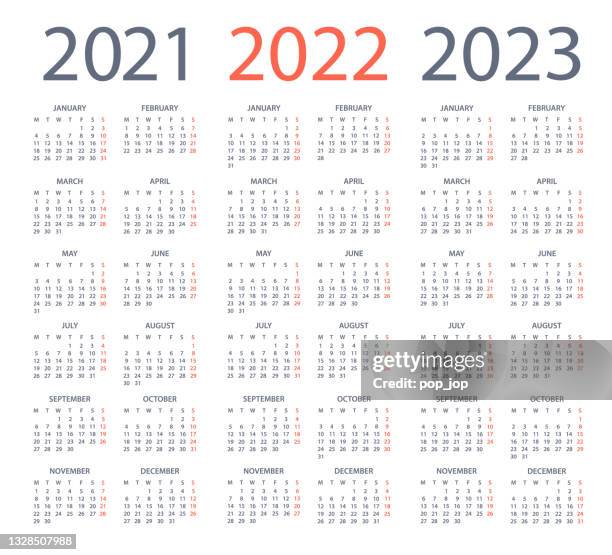 calendar 2021 2022 2023 - vector illustration. week starts on monday - 2021 calendar stock illustrations