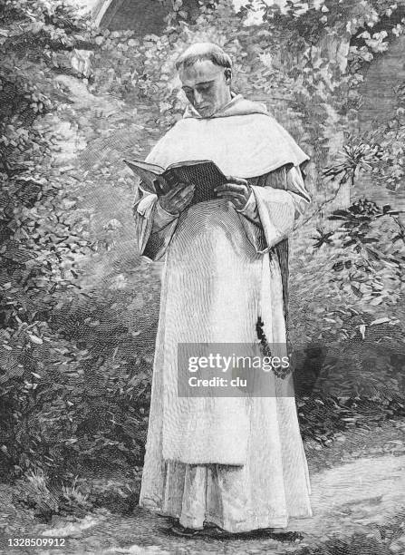 monk reading the bible in monastery garden - monk monastery stock illustrations