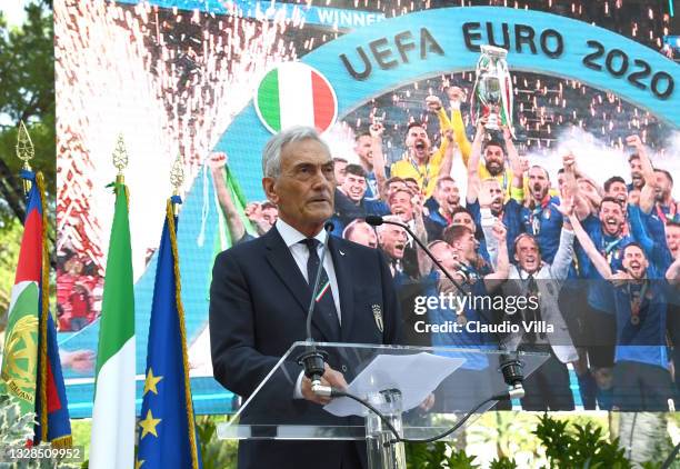 President Gabriele Gravina delivers a speech during the meeting between President of Italy Sergio Mattarella and the Italian national football team...