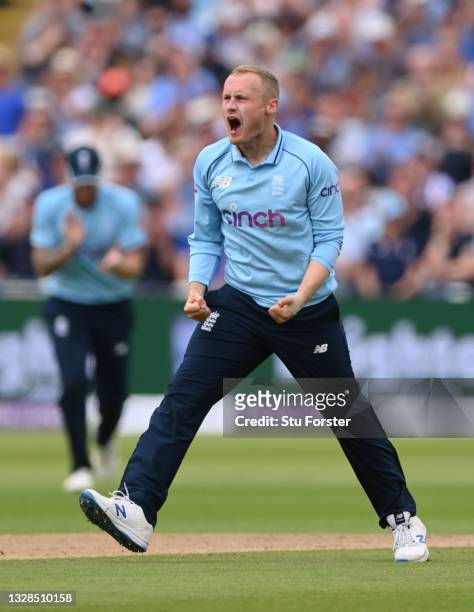 England bowler Matt Parkinson celebrates after bowling Imam ul-Haq during the 3rd ODI between England and Pakistan at Edgbaston on July 13, 2021 in...