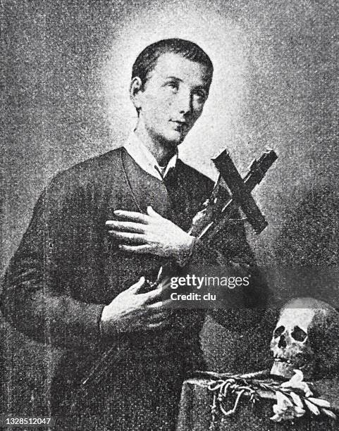 stockillustraties, clipart, cartoons en iconen met young priest with halo holding crucifix - priester