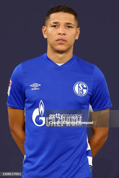 Amine Harit of FC Schalke 04 poses during the team presentation at Veltins Arena on July 13, 2021 in Gelsenkirchen, Germany.