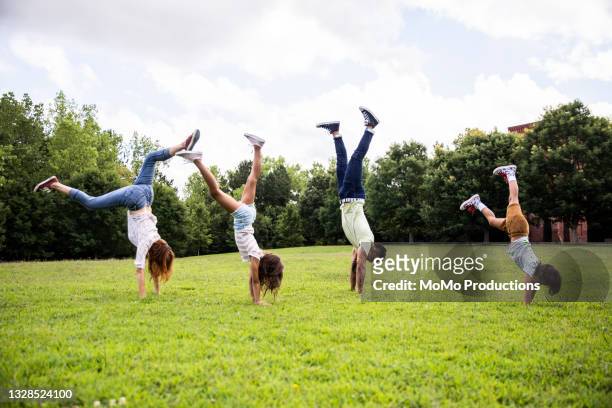 family doing handstand at park - handstand fotografías e imágenes de stock