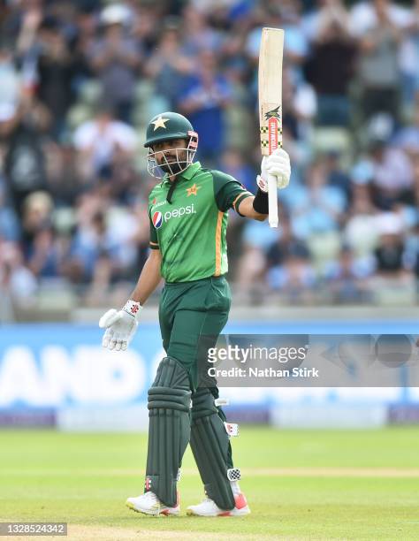 Babar Azam of Pakistan rasies his bat after scoring 150 runs during the 3rd Royal London Series One Day International match between England and...