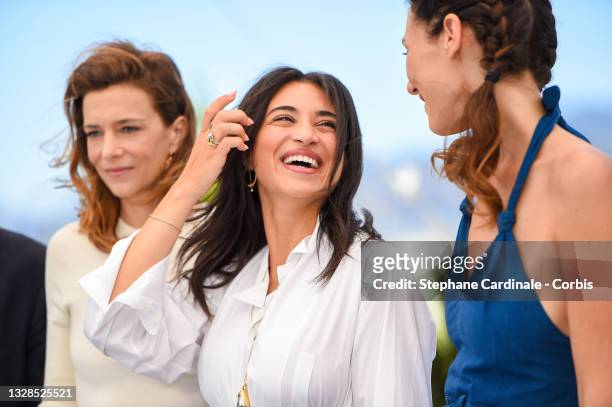 Celine Sallette, Camelia Jordana and Doria Tillier attend the Talents Adami photocall during the 74th annual Cannes Film Festival on July 13, 2021 in...