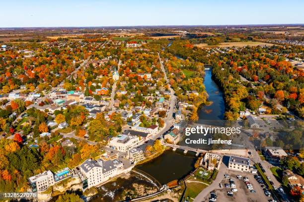 aerial grand river view and townscape, elora, canada - rural ontario canada stock pictures, royalty-free photos & images