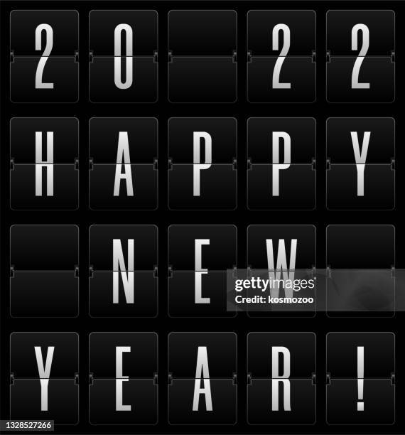 flip inscription happy new year 2022 on the shiny black signs - somersault stock illustrations