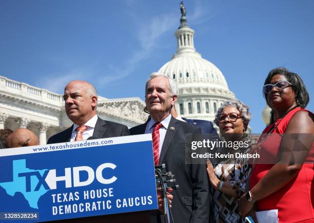 Texas State Democrats Democratic Chair Rep. Chris Turner , Rep. Rafael Anchia , Rep. Senfronia Thompson , and Rep. Rhetta Bowers speak during a news...