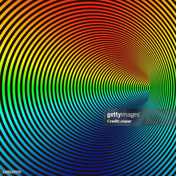 striped circular tunnel turning. rainbow colored, fine stripes. 3d vector - narrow passage stock illustrations