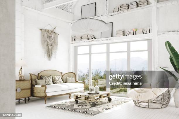 interni del soggiorno in stile bohémien scandinavo - masseria foto e immagini stock