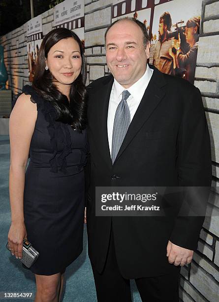 Deborah Lin and James Gandolfini attend the premiere of "Cinema Verite" at Paramount Theater on the Paramount Studios lot on April 11, 2011 in Los...