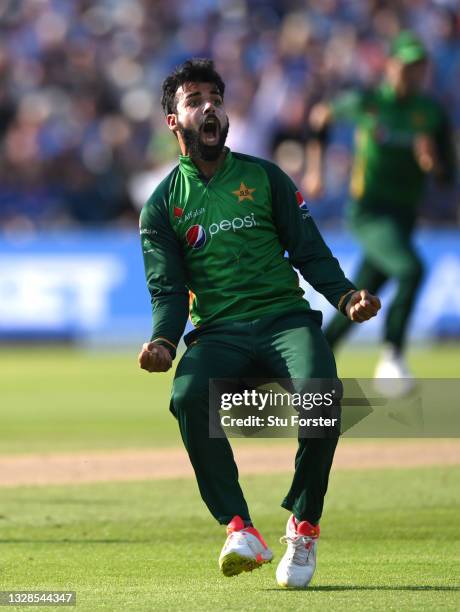 Pakistan bowler Shadab Khan celebrates after taking the wicket of England batsman Ben Stokes during the 3rd ODI between England and Pakistan at...