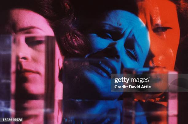 An artistic photo montage of a troubled or stressed-looking woman in January 1969 in New York City, New York.