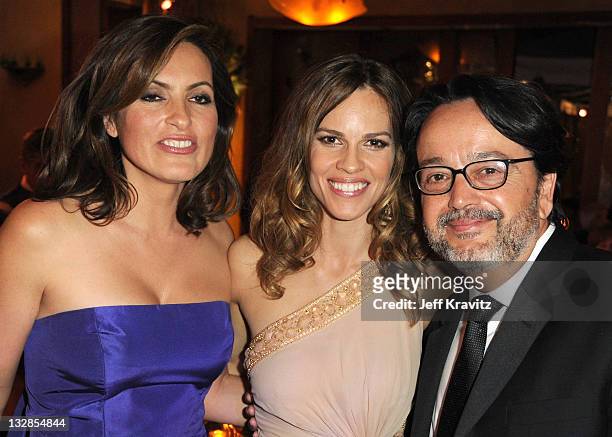 Actresses Mariska Hargitay, Hilary Swank and President of HBO Films Len Amato attend the official HBO SAG Awards after party held at at Spago on...