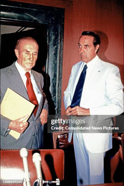 Senators Strom Thurmond and Bob Dole converse prior to a US Senate hearing on Capitol Hill, Washington DC, August 1, 1980.