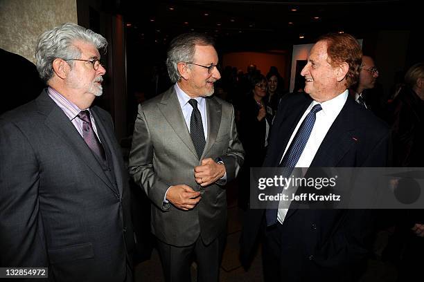 Director George Lucas, Founding Chairman of the USC Shoah Foundation Institute Steven Spielberg and producer Mike Medavoy attend the Ambassadors for...