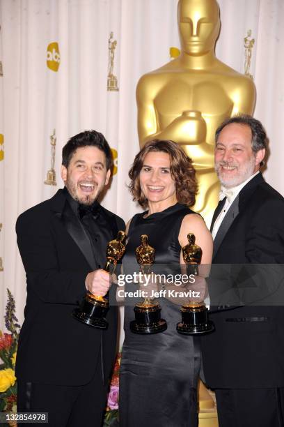 Sound mixers Gary A. Rizzo, Lora Hirschberg and Ed Novick pose in the press room during the 83rd Annual Academy Awards held at the Kodak Theatre on...