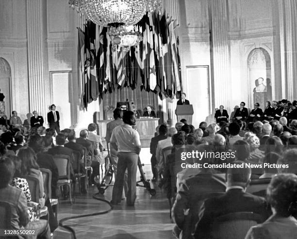 View over the audience as US President Jimmy Carter speaks during the Organization of American States conference, Washington DC, April 14, 1977....