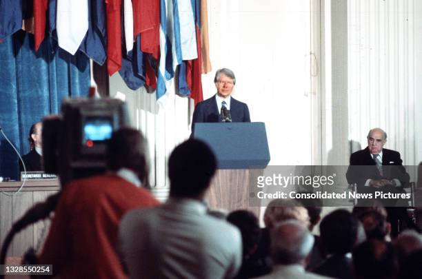 View over the audience as US President Jimmy Carter speaks during the Organization of American States conference, Washington DC, April 14, 1977....