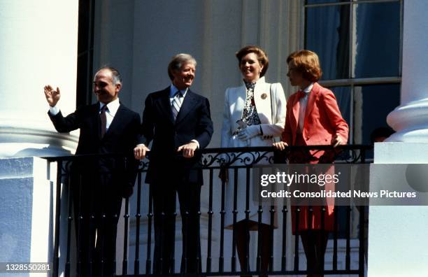 View of, from left, King Hussein I of Jordan , US President Jimmy Carter, Queen Noor al-Hussein of Jordan, and US First Lady Rosalynn Carter on the...