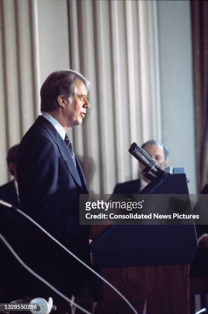 President Jimmy Carter speaks during the Organization of American States conference, Washington DC, April 14, 1977. President Carter's speech called...