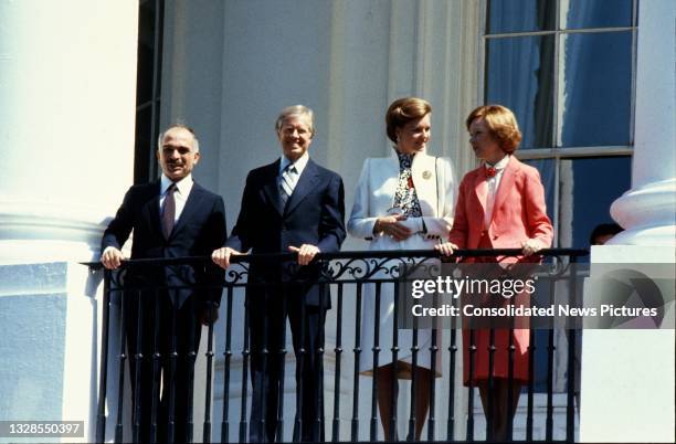 View of, from left, King Hussein I of Jordan , US President Jimmy Carter, Queen Noor al-Hussein of Jordan, and US First Lady Rosalynn Carter on the...