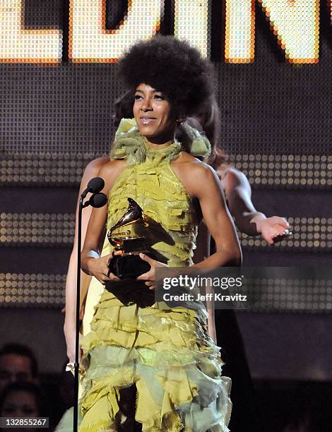 Musician Esperanza Spalding speaks onstage during The 53rd Annual GRAMMY Awards held at Staples Center on February 13, 2011 in Los Angeles,...