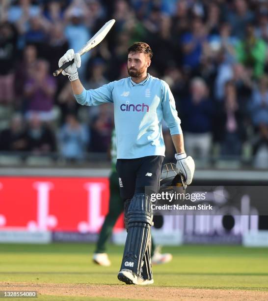 James Vince of England raises his bat after scoring a century during the 3rd Royal London Series One Day International match between England and...