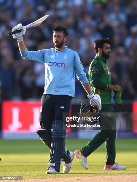 England batsman James Vince reaches his 100 during the 3rd ODI between England and Pakistan at Edgbaston on July 13, 2021 in Birmingham, England.