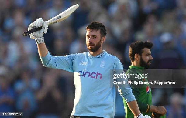 James Vince of England reaches his century during the 3rd One Day International between England and Pakistan at Edgbaston on July 13, 2021 in...